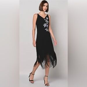 MARKS & SPENCER BLACK EMBROIDERED FRINGE HEM A-LINE DRESS SIZE U.S. 8 NEW